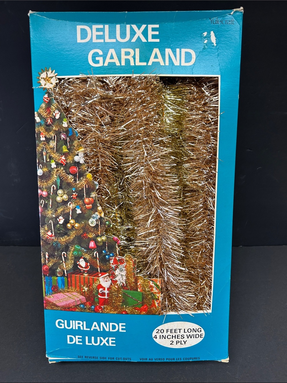 Vintage TINSEL Manufacturing Limited box with gold/matte gold garland